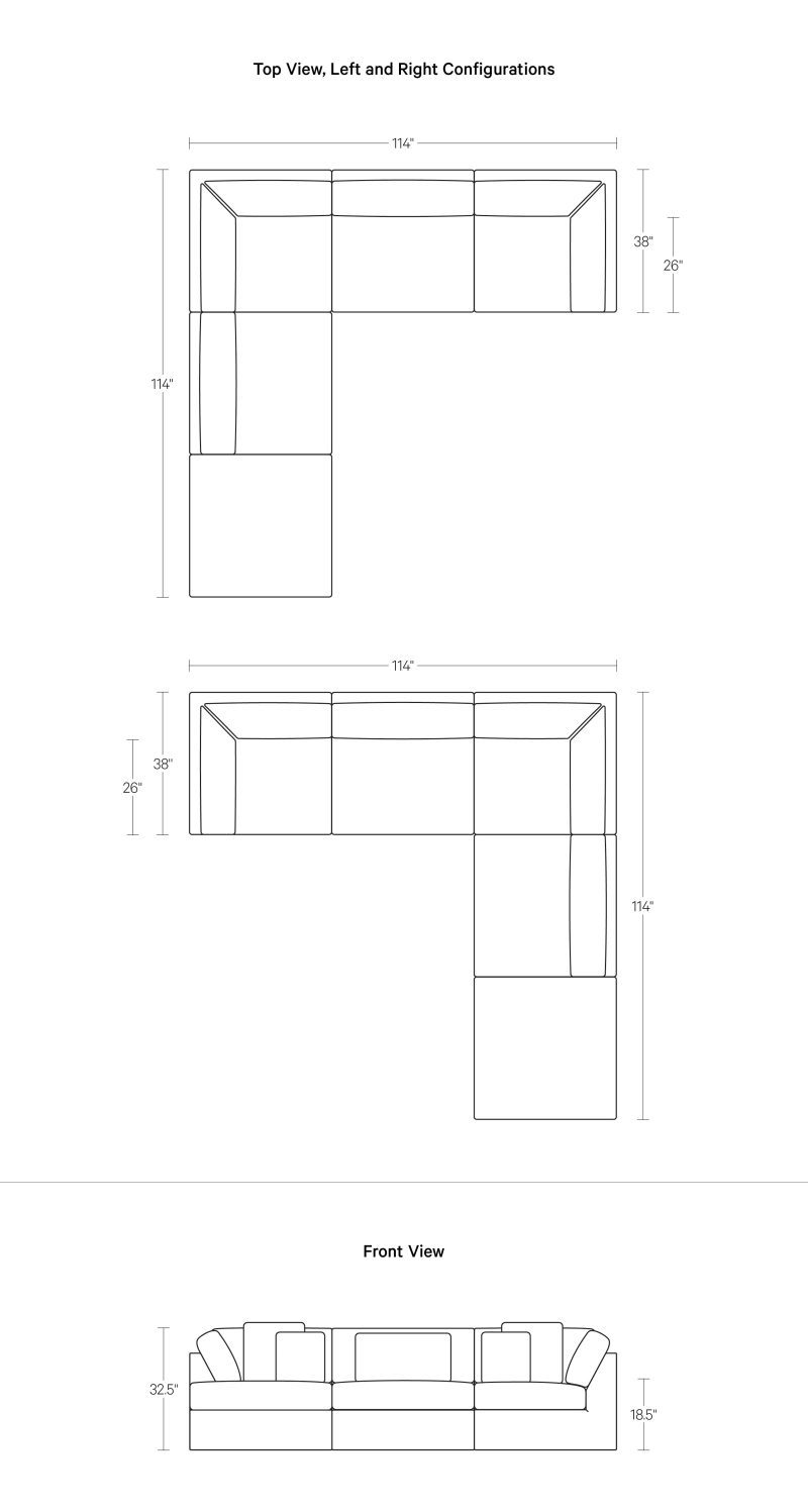 5PieceC ModularSectional Sundays Get Together Web Dimensions specs